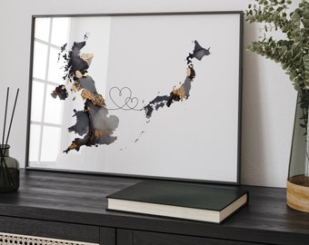 Britain and Japan Map Black & Gold Travel Wall Art Print | United Kingdom | UK