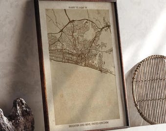 Brighton and Hove, England Map | Vintage Beige Detailed Map Print | United Kingdom Wall Art | Travel Gift