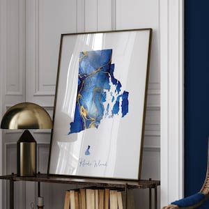 Rhode Island Map Blau und Gold Wand Kunst | US Bundesstaat | Vereinigte Staaten von Amerika | USA