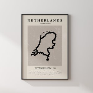 Carte des Pays-Bas, impression d'art mural abstrait vintage, affiche de voyage inspirée de Picasso + Matisse