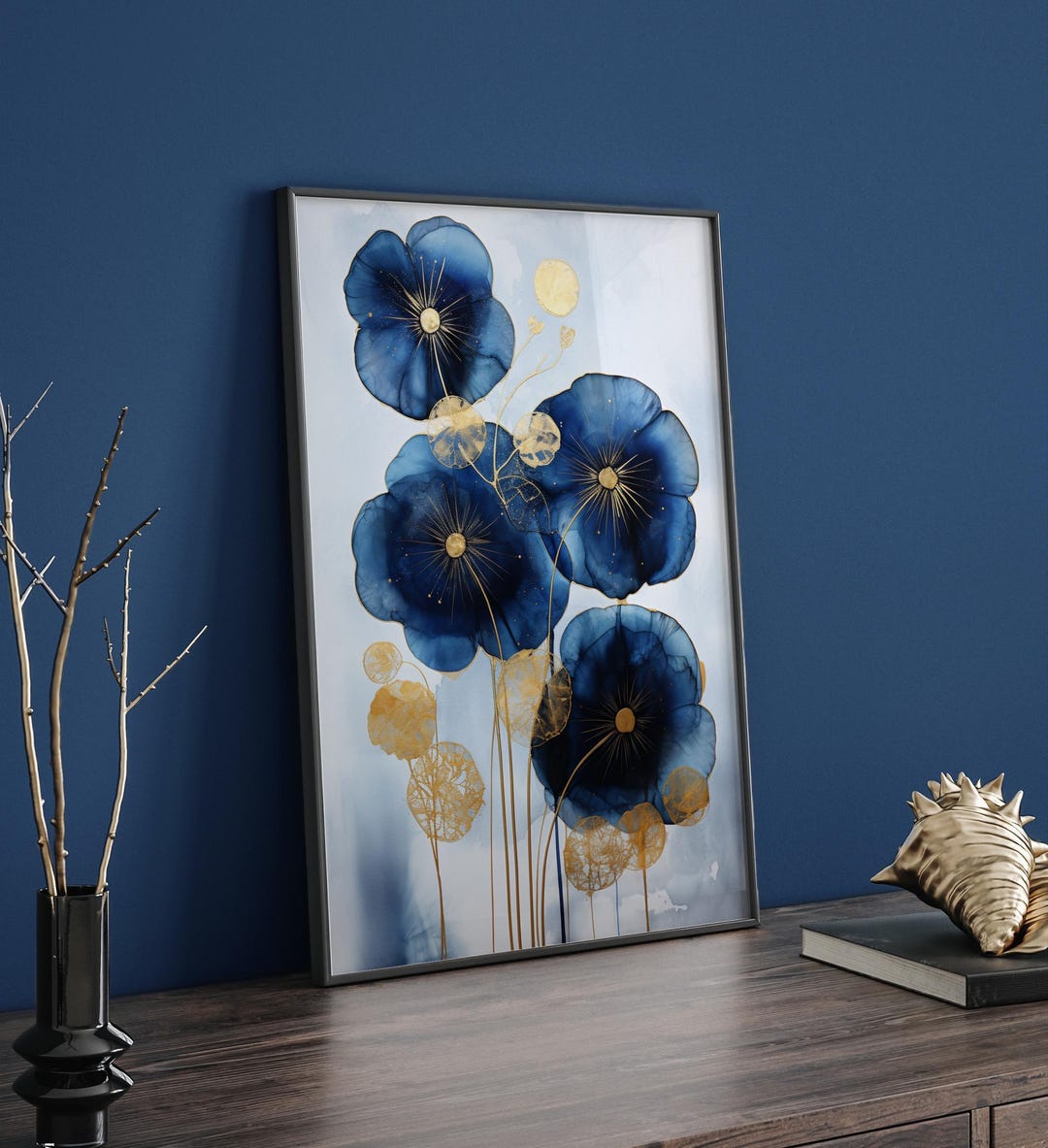 Gold and Blue Floral Wall Art Print | Elegant Flower Design - Etsy