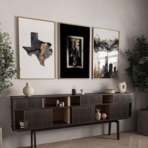 Set von 3 Texas Schwarz & Gold Wandkunst | Texas Karte | Texas Skyline | Texas Typografie | illium | USA