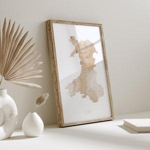 Wales Map Beige & Gold Wand Kunst Druck