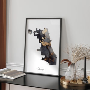 Carte de Chicago, impression d'art mural noir et or | Illinois | Etats-Unis | États-Unis d'Amérique [EV]