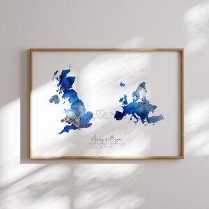 Großbritannien und Europa Karte Blau & Gold Reise Wand Kunst Druck | Vereinigtes Königreich | Reisen Umzug Geschenk