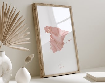 Impresión de arte mural en rosa y dorado con el mapa de España