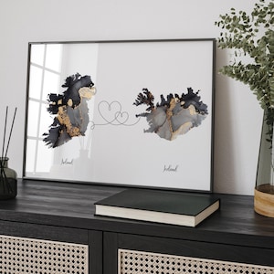 Carte d'Irlande et d'Islande, impression d'art mural de voyage noir et or | Irlande | Cadeau déménagement
