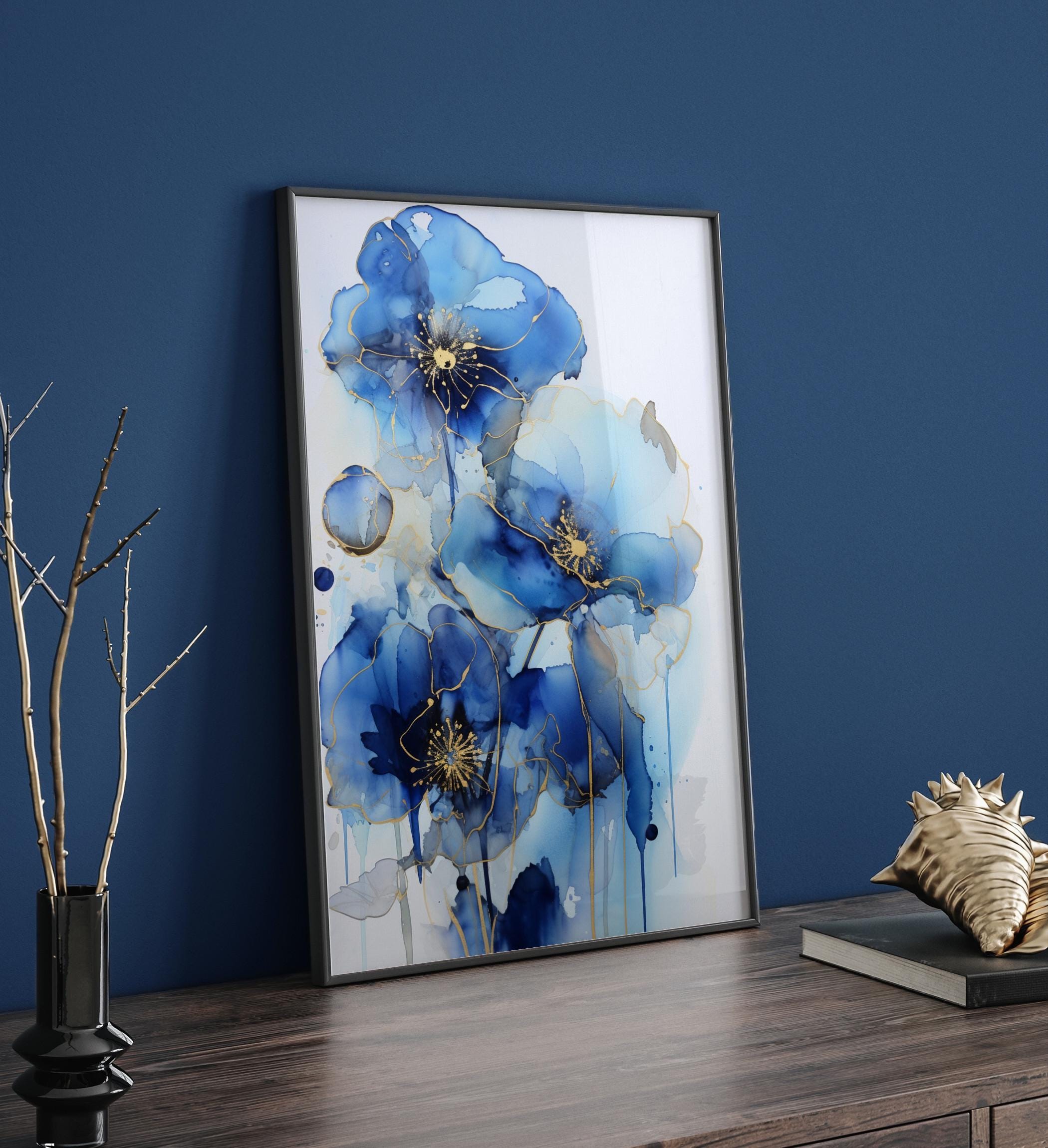 Blue and Gold Flower Wall Art | Elegant Floral Print | Modern Botanical ...