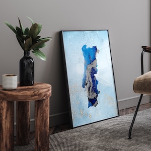 Portugal kaart blauwtinten en zilveren muurkunstprint