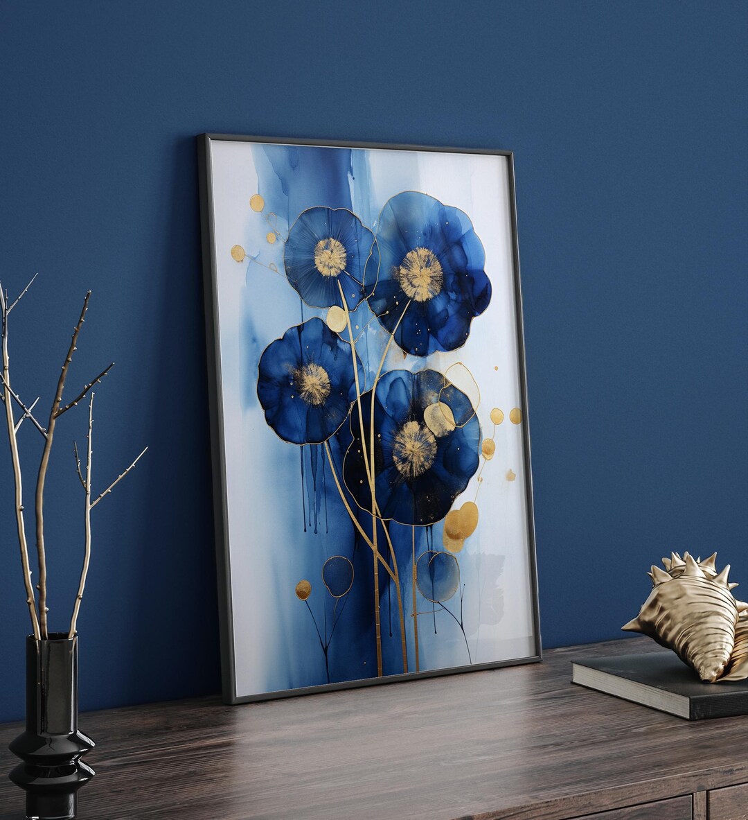 Blue and Gold Flower Art Print | Floral Wall Decor With Elegant Gold ...