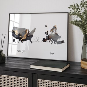 Carte des États-Unis et de l'Europe, impression d'art mural de voyage noir et or | États-Unis | Amérique | Cadeau déménagement