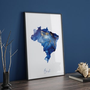 Brazil Map Blue and Gold Wall Art Print