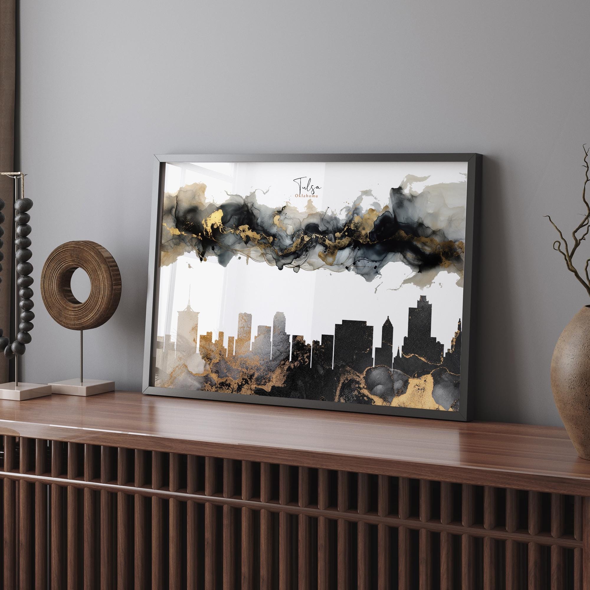 Tulsa Skyline Black & Gold Wall Art Print |USA | United State