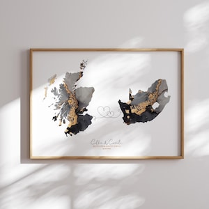 Impresión de arte mural de viaje con mapa de Escocia y Sudáfrica en negro y dorado / Escocia / Regalo para mudanzas