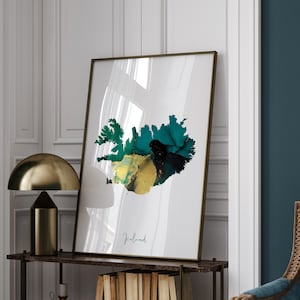 Impression d'art murale carte de l'Islande vert émeraude et or