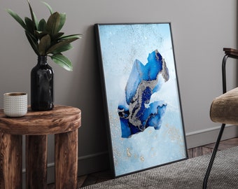 Djibouti Map Shades of Blue & Silver Wall Art Print