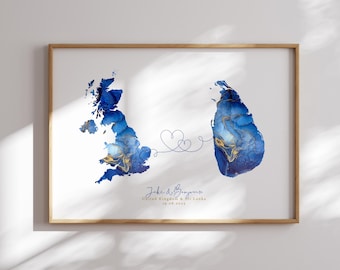 United Kingdom and Sri Lanka  Map Blue & Gold Travel Wall Art Print | United Kingdom | Travel Moving Home Gift