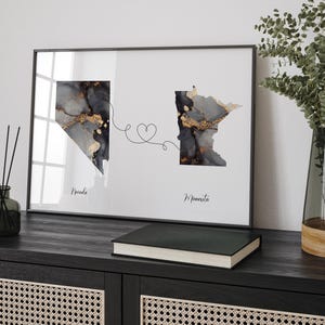 Carte du Nevada et du Minnesota, impression d'art mural de voyage noir et or | Névada | Cadeau déménagement