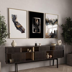 3er-Set California Black & Gold Wall Art | Kalifornien Karte | Kalifornien Skyline | California Typografie | illium | USA