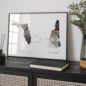 Kaart Florida en New Hampshire zwart-goud reizen muurkunst print | Florida| Cadeau voor op reis verhuizen