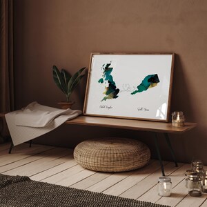 Großbritannien und Südjemen Karte Grün & Gold Reise Wand Kunst Druck | Vereinigtes Königreich | Reisen Umzug Geschenk