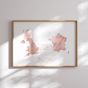 Verenigd Koninkrijk en FRANKRIJK kaart roze en gouden reiskunst aan de muur | Verenigd Koninkrijk | Cadeau voor op reis verhuizen