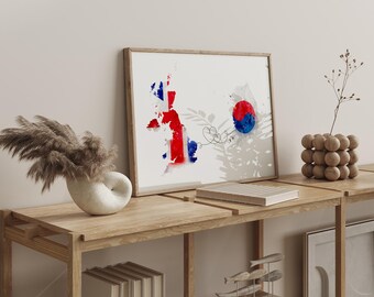 UK to South Korea Watercolour Flag Map Wall Art Print | United Kingdom to South Korea Anniversary Moving Gift