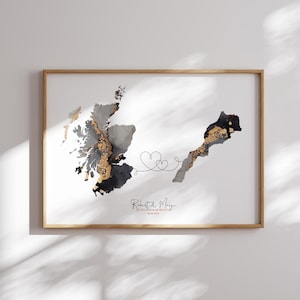 Carte de l'Ecosse et du Maroc, impression d'art mural de voyage noir et or | Écosse | Cadeau déménagement
