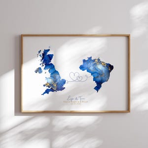 Großbritannien und Brasilien Map Blue & Gold Travel Wall Art Print | Vereinigtes Königreich | Reisen Umzug Geschenk