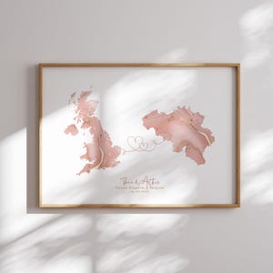 Impresión de arte mural de viaje en rosa y dorado con mapa del Reino Unido y Bélgica / Reino Unido / Regalo de viaje para mudarse a casa