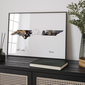 Kaart van Noord-Carolina en Tennessee zwart en goud reizen muurkunst print | Noord-Carolina | Cadeau voor op reis verhuizen