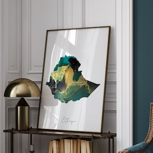 Impresión de arte mural en verde esmeralda y dorado con el mapa de Etiopía