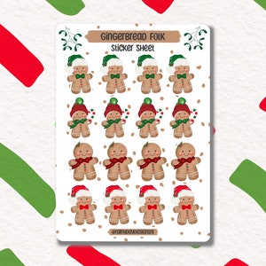 Gingerbread Folk Sticker Sheet - Niedliche Lebkuchen Menschen Kekse, weihnachtliche Journal Aufkleber