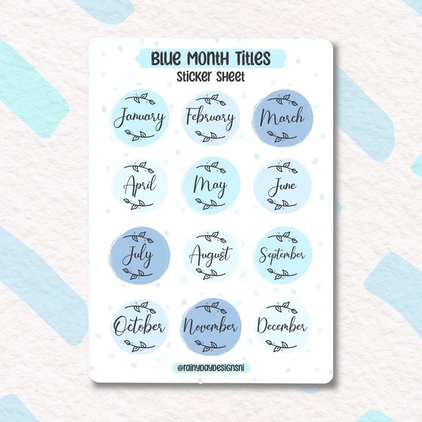 Blue Month Titles Sticker Sheet - Journalling stickers for each month