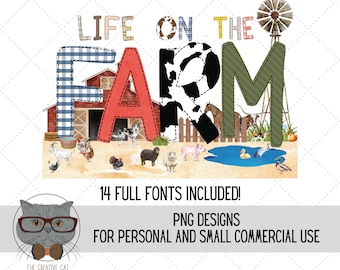Farm Alphabet PNG Font Bundle, Cute barnyard Alpha Font, Barn Animal Alpha, Sublimation Alpha Set Designs PNG