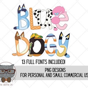 Blue Dogy Friends-alfabet PNG-lettertypebundel, lettertekenletters alfa, sublimatie alfa decorontwerpen png, lettertype hond
