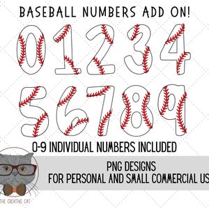 Könnte beinhalten: Baseball-Zahlen von 0 bis 9, jede mit einem Baseball-Nahtmuster. Das Bild enthält den Text "BASEBALL NUMBERS ADD ON!" und "0-9 INDIVIDUAL NUMBERS INCLUDED". Ebenfalls enthalten ist der Text "PNG DESIGNS FOR PERSONAL AND SMALL COMMERCIAL USE".