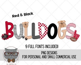 Red and Black Bulldog Alphabet PNG Font Bundle, Football Alpha Font, Sublimation Alpha Set Designs PNG, Georgia PNG