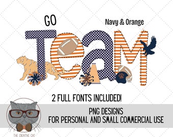 Navy and Orange Faux Applique Football Alphabet PNG Font Bundle, Football Letters Alpha Font, Cheerleader Sublimation Alpha Set Designs PNG