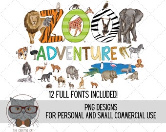 May include: A colorful illustration of the word "ZOO ADVENTURE" with various animals surrounding the letters. The animals include a lion, giraffe, elephant, zebra, tiger, monkey, and more. The text "12 FULL FONTS INCLUDED!" and "PNG DESIGNS FOR PERSONAL AND SMALL COMMERCIAL USE" is also included in the image.