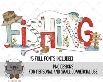 Fishing Alphabet PNG Font Bundle, Fishing Pary Letters Alpha Font, Sublimation Alpha Set Designs PNG, Fisherman Font