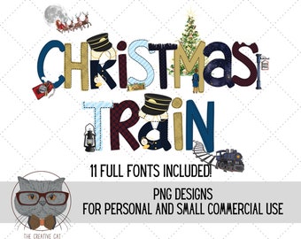 Christmas Train Alphabet PNG Font Bundle, North Pole Letters Alpha Font, Sublimation Alpha Set Designs PNG, Train Font