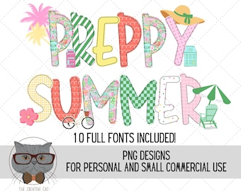 Preppy Summer Alphabet PNG Font Bundle, Preppy Letters Alpha Font, Sublimation Alpha Set Designs PNG, Summer Beach Font