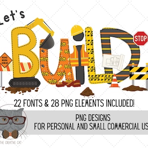 Bundle de polices Construction Alphabet PNG, police de caractères Alpha Builder excavatrice lettres, sublimation Alpha Set Designs PNG, police d'anniversaire
