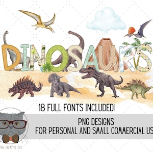 Paquete de fuentes PNG del alfabeto de dinosaurios, fuente alfa de letras Dino de acuarela, diseños de conjuntos alfa de sublimación T-Rex PNG