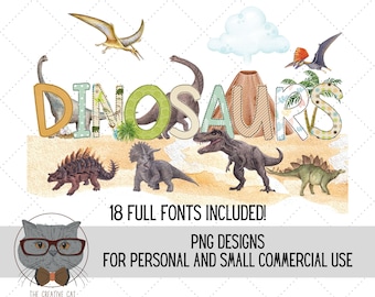 Dinosaur Alphabet PNG Font Bundle, Watercolor Dino Letters Alpha Font, T-Rex Sublimation Alpha Set Designs PNG