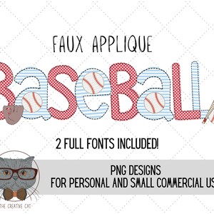 May include: Faux applique design for the word "Baseball" in red and blue with baseball and bat graphics.  Two full fonts are included.  PNG designs for personal and small commercial use.