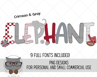 Crimson and Gray Elephant Alphabet PNG Font Bundle, Football Alpha Font, Sublimation Alpha Set Designs PNG, Alabama Font