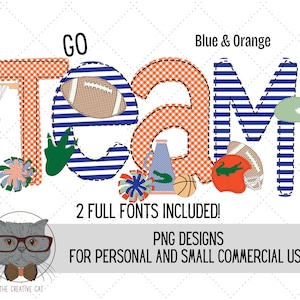 Blaues und orangefarbenes Faux-Applikation-Football-Alphabet-PNG-Schriftpaket, Florida Football Letters-Schriftart, Cheerleader Sublimation Alpha Set Designs PNG