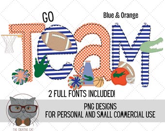 Blue and Orange Faux Applique Football Alphabet PNG Font Bundle,Florida Football Letters Font, Cheerleader Sublimation Alpha Set Designs PNG